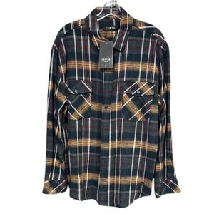CRWTH Men's Plaid Flannel Long Sleeve Button Up Shirt Jacket Navy Orange L NEW